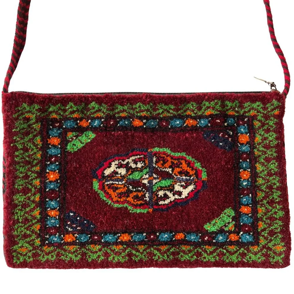 NEW Turkmen Woven Wool Carpet Clutch Purse, Maroon w/ Multicolor Design